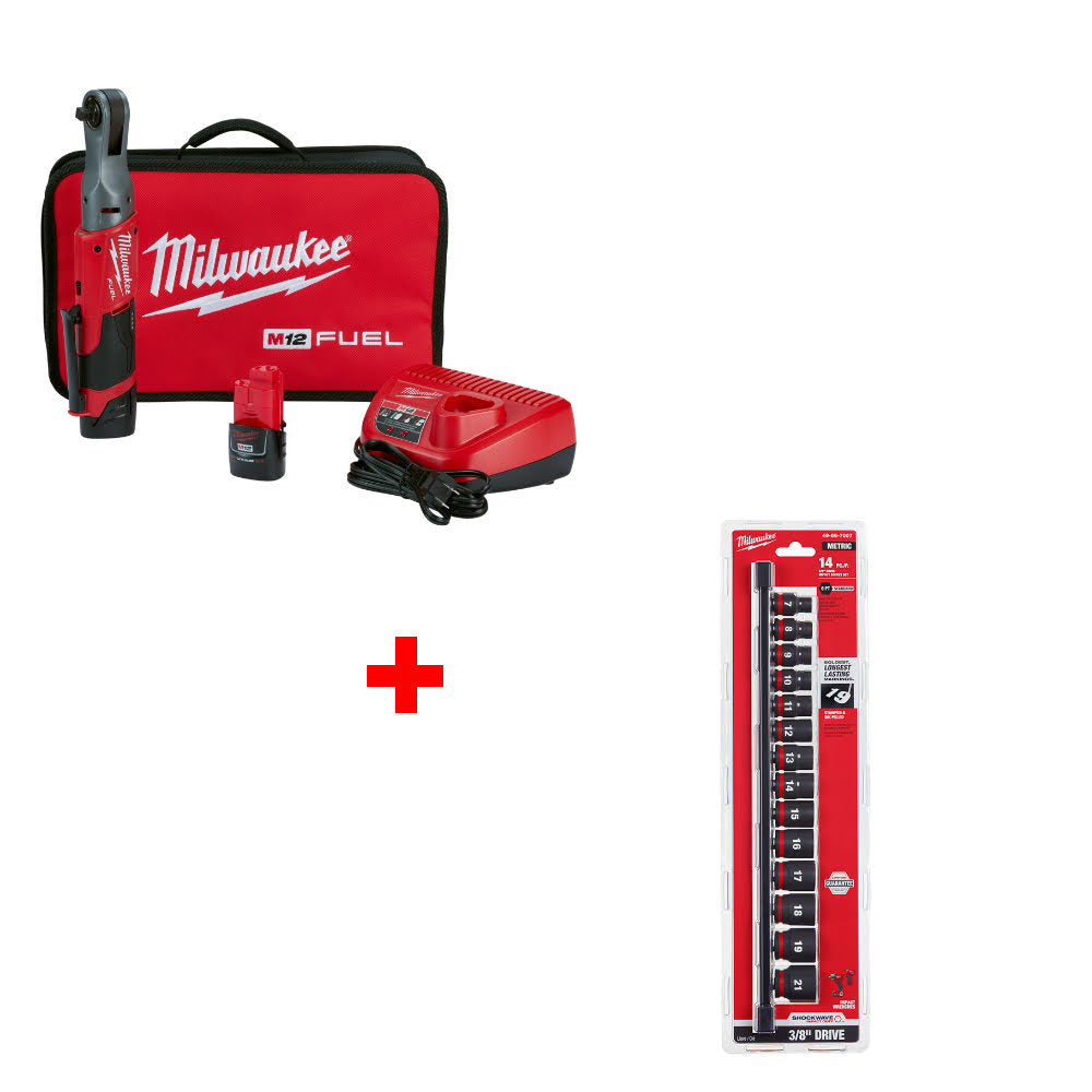 Milwaukee 2557-22 M12 FUEL 3/8" Ratchet Kit W/ FREE 49-66-7007 14PC Socket Set