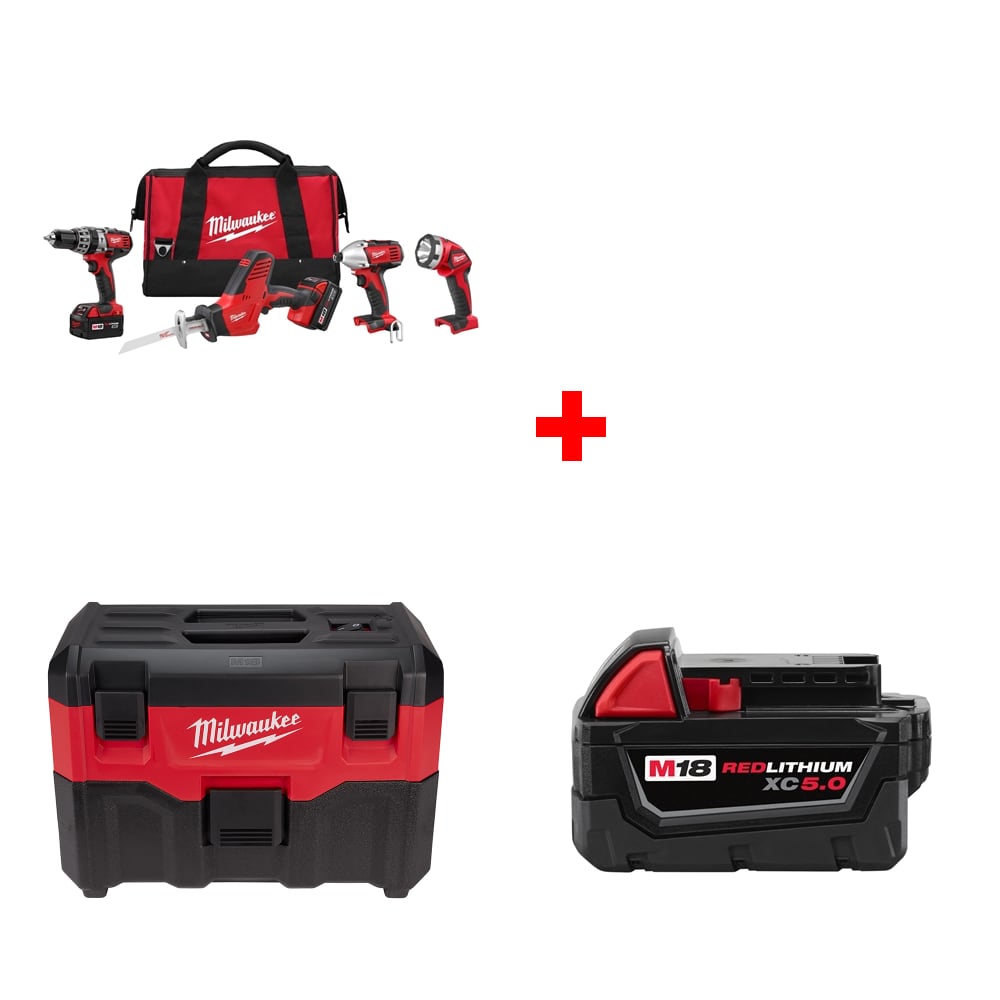 Milwaukee 2695-24 M18 4-Tool Combo Kit w/ FREE 0880-20 Wet/Dry Vacuum & Battery