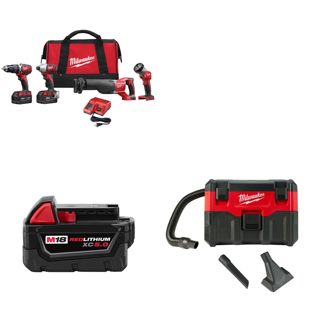 Milwaukee 2696-24 M18 4-Tool Combo Kit W/ FREE 48-11-1850 M18 Battery & Vacuum