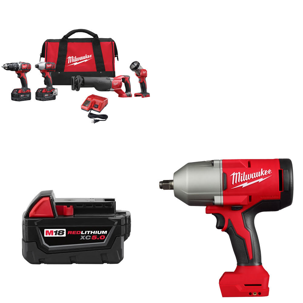 Milwaukee 2696-24 M18 4-Tool Combo Kit W/ FREE M18 Battery Pack & Impact Wrench