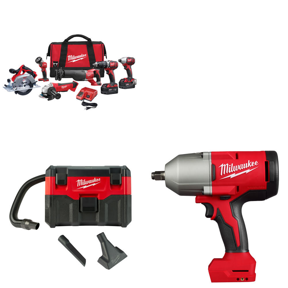 Milwaukee 2696-26 M18 6-Tool Combo Kit W/ FREE 0880-20 Vacuum & Impact Wrench