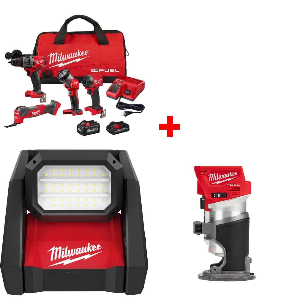 Milwaukee 3698-24MT M18 4-Tool Combo Kit w/ FREE 2366-20 Flood Light & Router