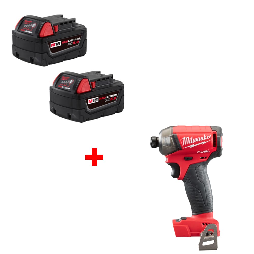 Milwaukee 48-11-1852 M18 XC5.0 Battery 2Pk w/ FREE 2760-20 1/4" Hex Driver, Bare