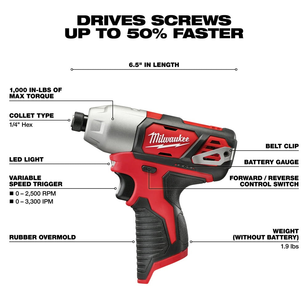 Milwaukee 2462-22 M12 1/4" Hex Impact Driver Kit - 3