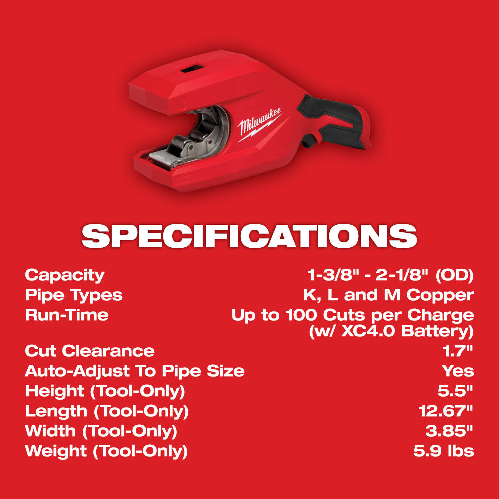 Milwaukee 2479-20 M12 Brushless 1-1/4" - 2" Copper Tubing Cutter - 10