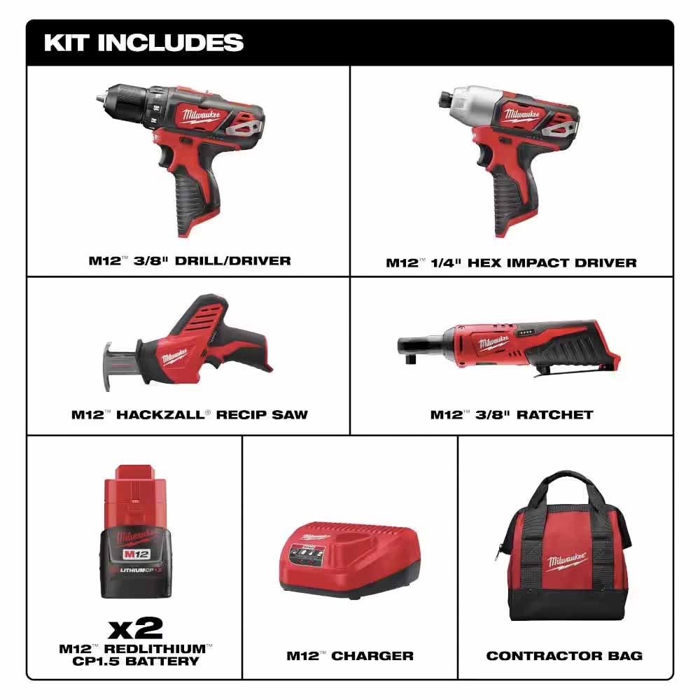 Milwaukee 2497-24B M12 12V Lithium-Ion Cordless Combo Kit (4-Tool) w/(2) 1.5Ah Batteries, (1) Charger, (1) Tool Bag - 6