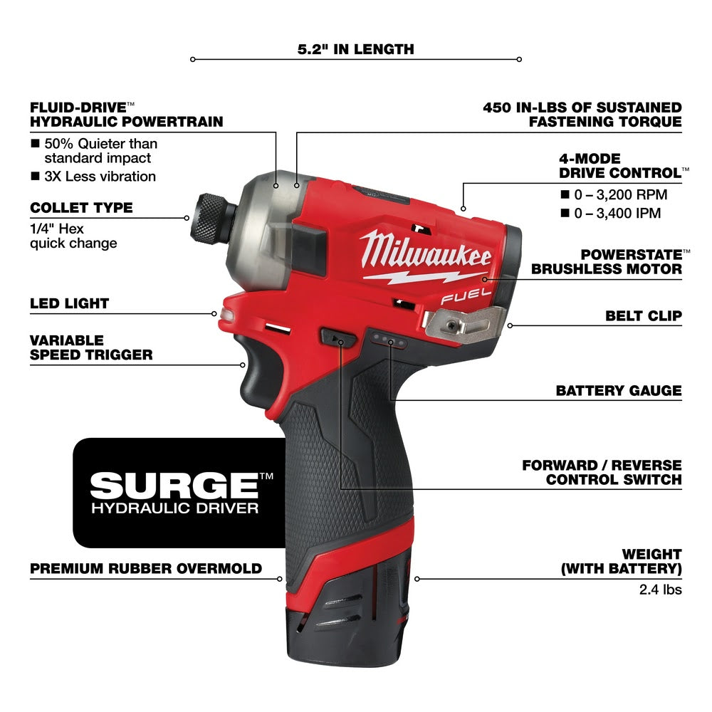 Milwaukee 2551-22 M12 FUEL SURGE 1/4" Hex Hydraulic Driver 2 Battery Kit - 4