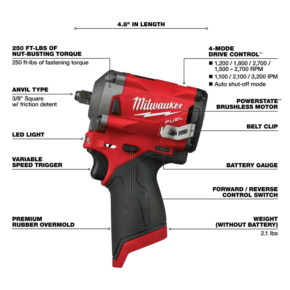 Milwaukee 2552-20 M12 FUEL Stubby 1/4" Impact Wrench - 4