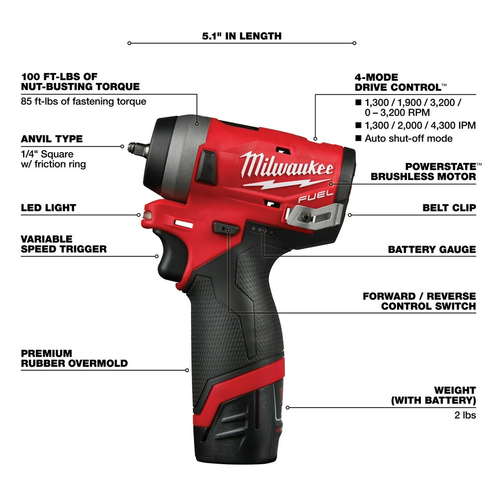 Milwaukee 2552-22 M12 FUEL Stubby 1/4" Impact Wrench Kit - 4