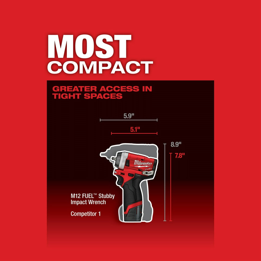 Milwaukee 2552-22 M12 FUEL Stubby 1/4" Impact Wrench Kit - 5