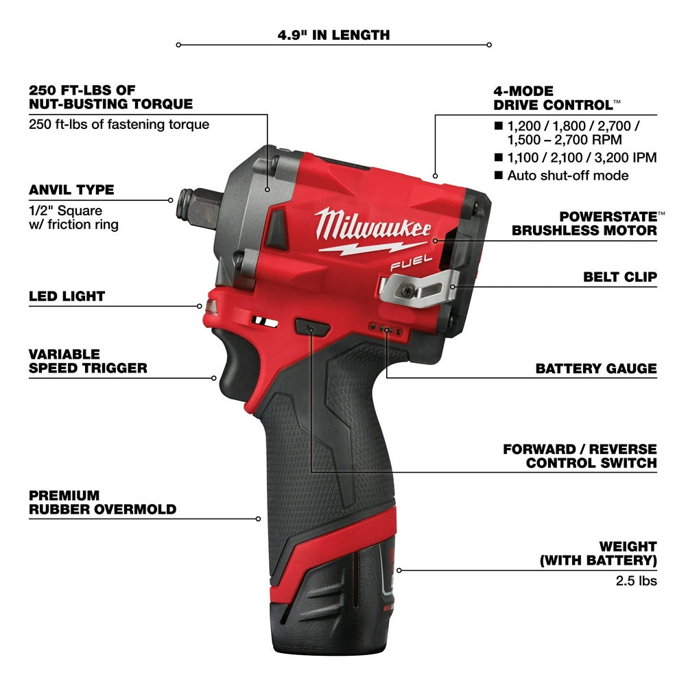 Milwaukee 2555-22 M12 FUEL Stubby 1/2" Impact Wrench Kit - 4