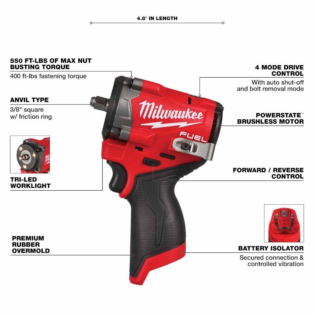 Milwaukee 2562-20 M12 FUEL Stubby 3/8" Impact Wrench - 3