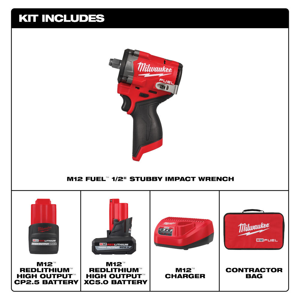 Milwaukee 2563-22 M12 FUEL Stubby 1/2" Impact Wrench Kit - 2