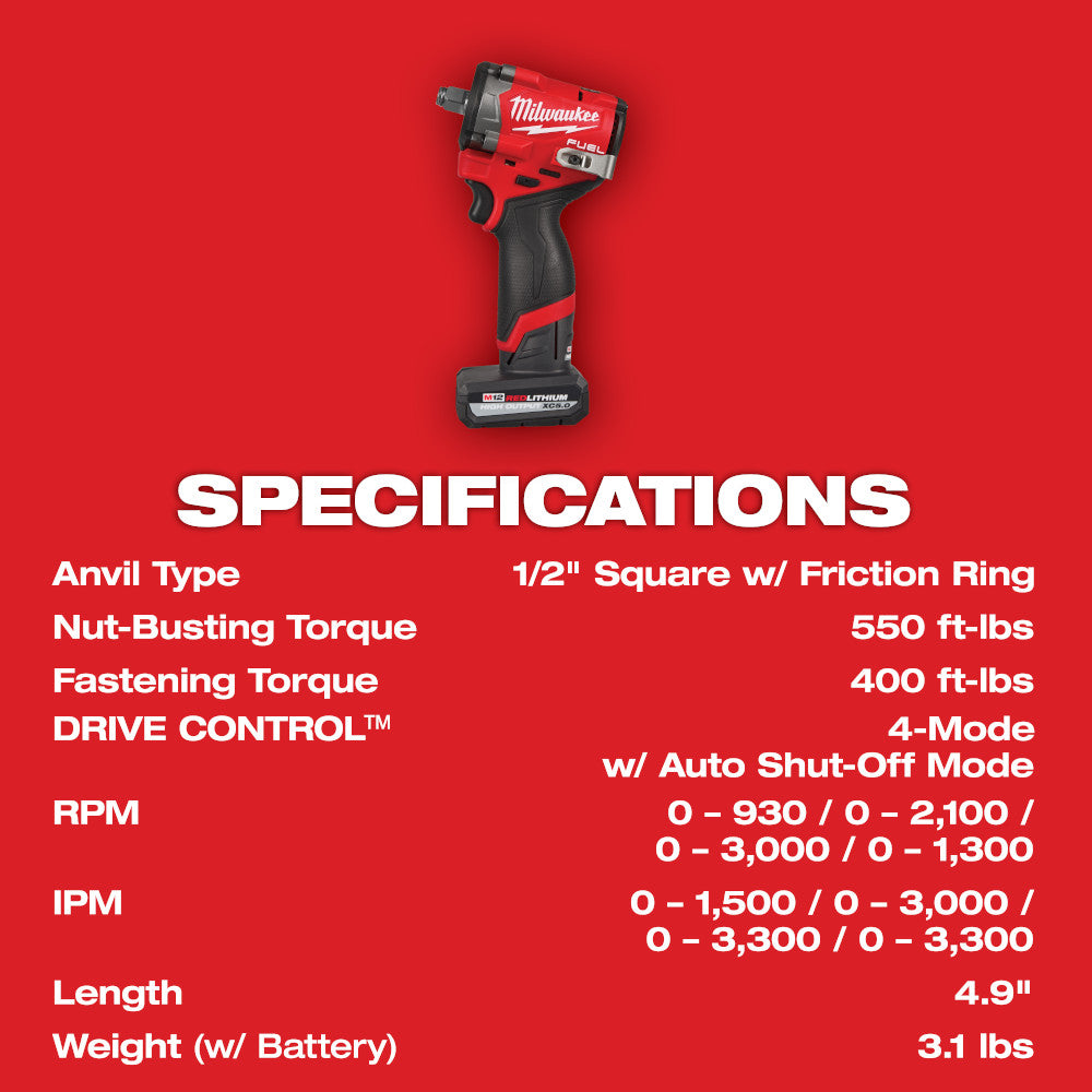 Milwaukee 2563-22 M12 FUEL Stubby 1/2" Impact Wrench Kit - 8