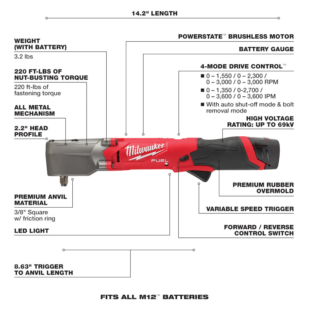 Milwaukee 2564-22 M12 FUEL  3/8" Right Angle Impact Wrench Kit - 8