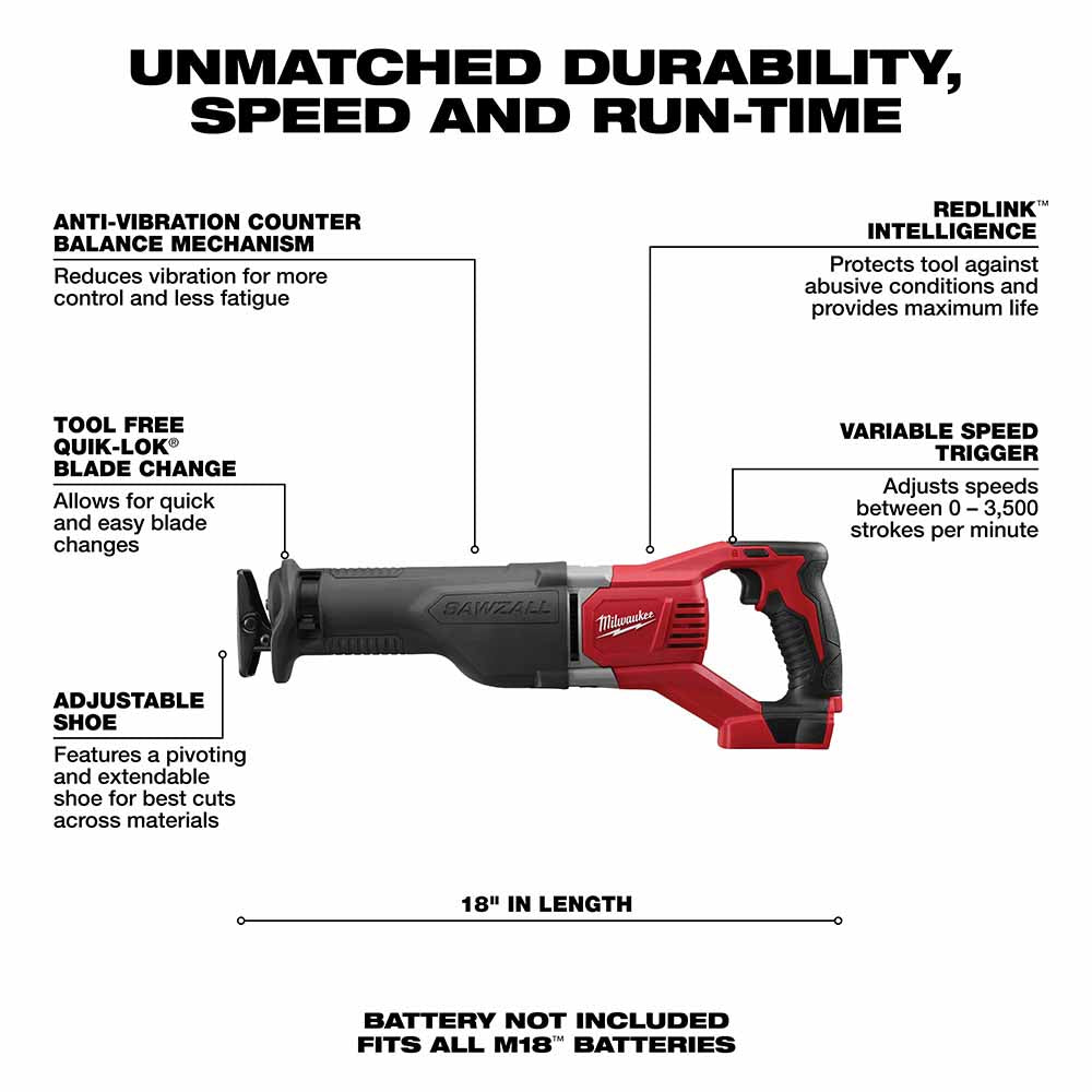 Milwaukee 2621-20 M18 SAWZALL Reciprocating Saw (Bare Tool) - 3