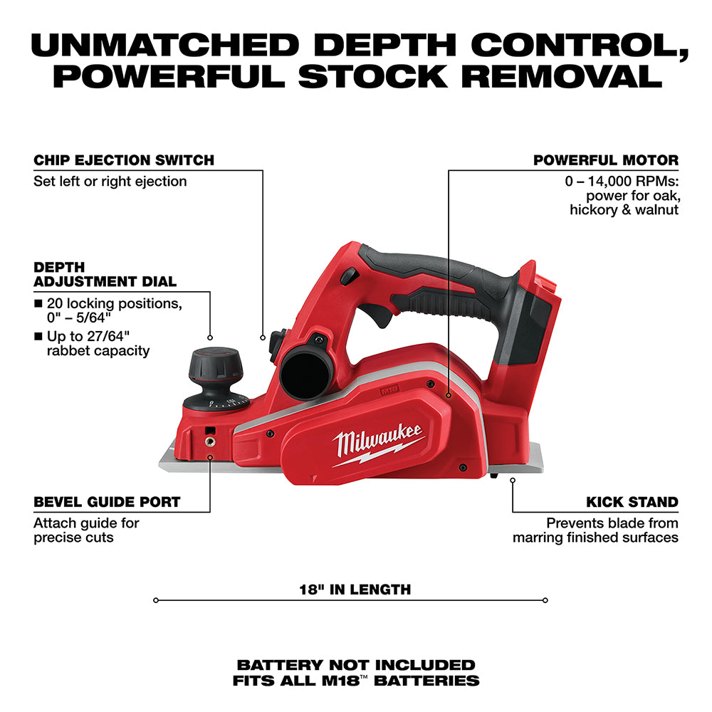 Milwaukee 2623-20 M18 3-1/4" Planer (Tool Only) - 3