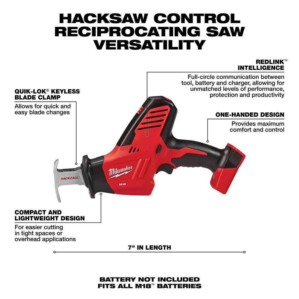 Milwaukee 2625-20 M18 18-Volt Hackzall Cordless One-Handed Reciprocating Saw (Tool Only, No Battery) - 3