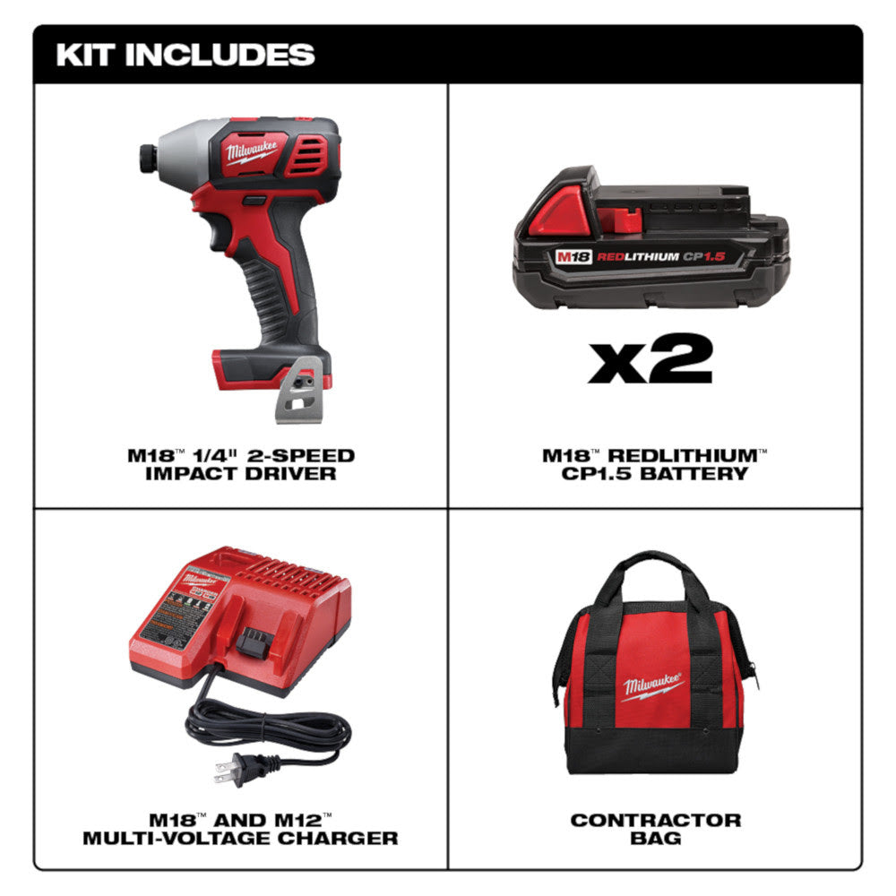 Milwaukee 2656-22CT M18 Cordless 1/4" Hex Impact Driver Tool Kit - 5