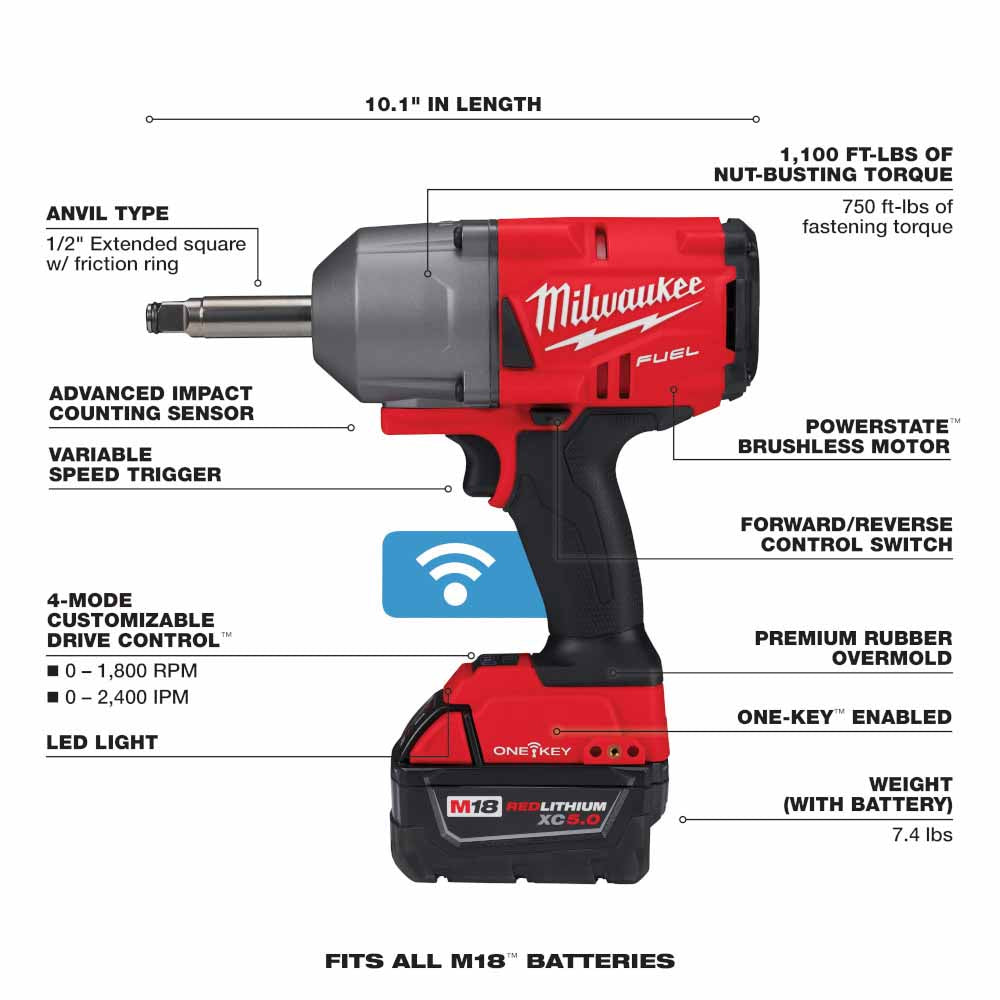 Milwaukee 2769-22 M18 FUEL 1/2" Ext. Anvil Controlled Torque Impact Wrench w/ONE-KEY Kit - 5