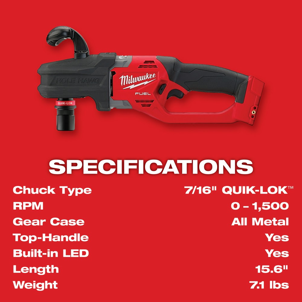 Milwaukee 2808-20 M18 FUEL Hole Hawg Right Angle Drill w/Quik-Lok - Bare Tool - 8