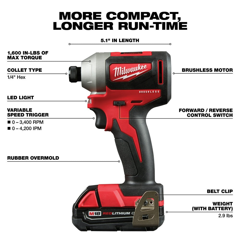 Milwaukee 2850-22CT M18 Compact Brushless 1/4" Hex Impact Driver Kit - 3