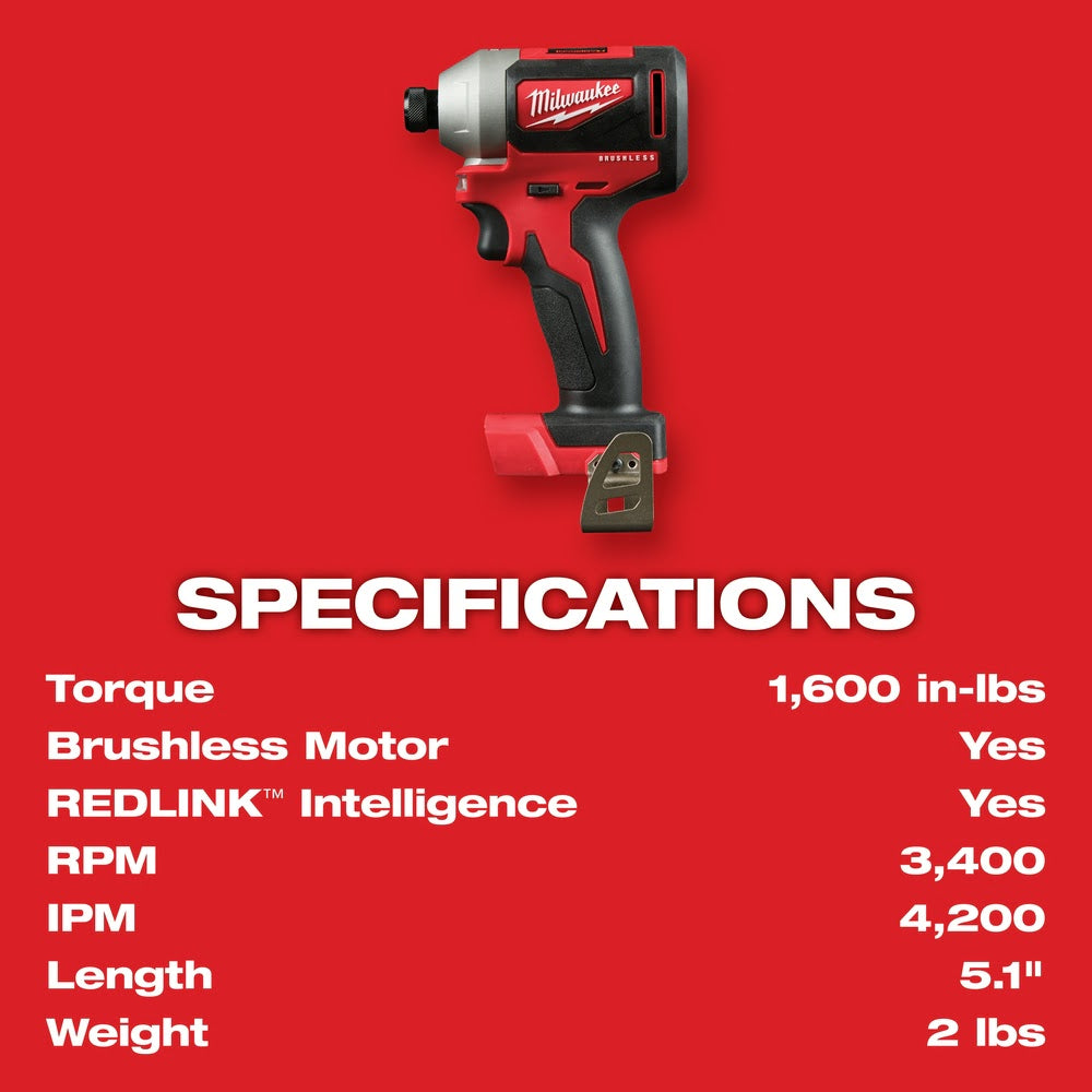 Milwaukee 2850-22CT M18 Compact Brushless 1/4" Hex Impact Driver Kit - 4