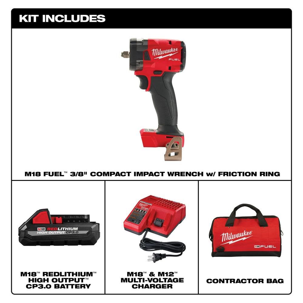 Milwaukee 2854-21HO M18 FUEL 3/8" Compact Impact Wrench w/ Friction Ring Kit - 3