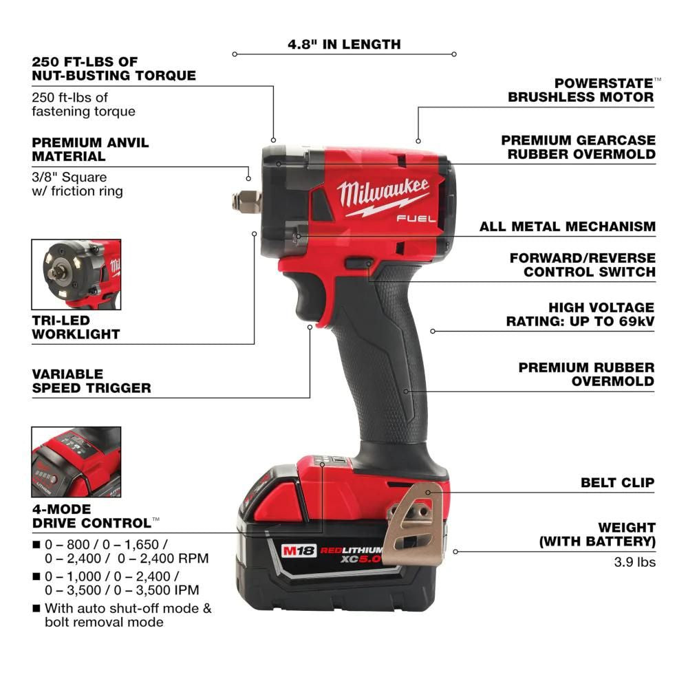 Milwaukee 2854-22R M18 FUEL 3/8 " Compact Impact Wrench w/ Friction Ring Kit - 2