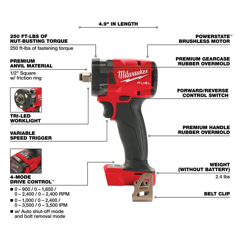 Milwaukee  2855-20  "M18 FUEL™ 1/2 " Compact Impact Wrench w/ Friction Ring Bare Tool " - 4