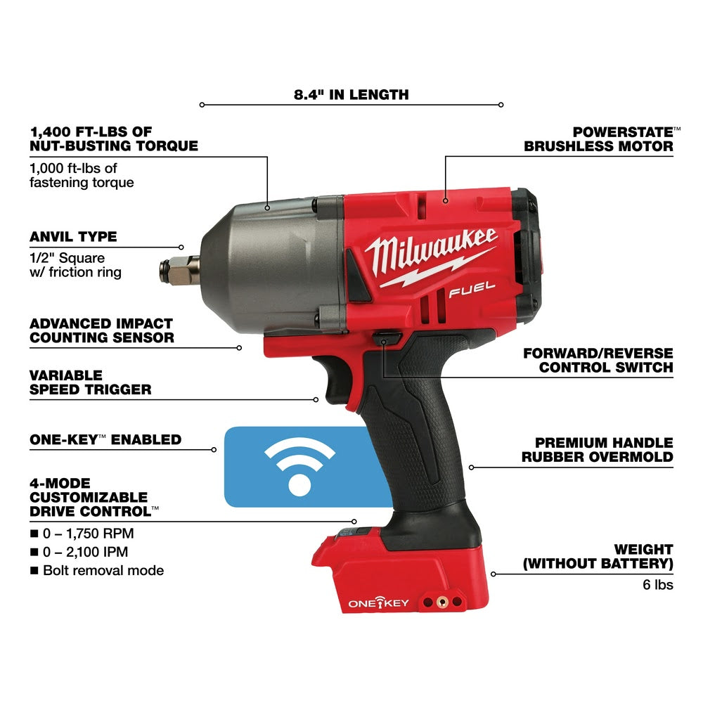 Milwaukee 2863-20 M18 FUEL ONE-KEY High Torque Impact Wrench 1/2" Friction Ring Bare - 4