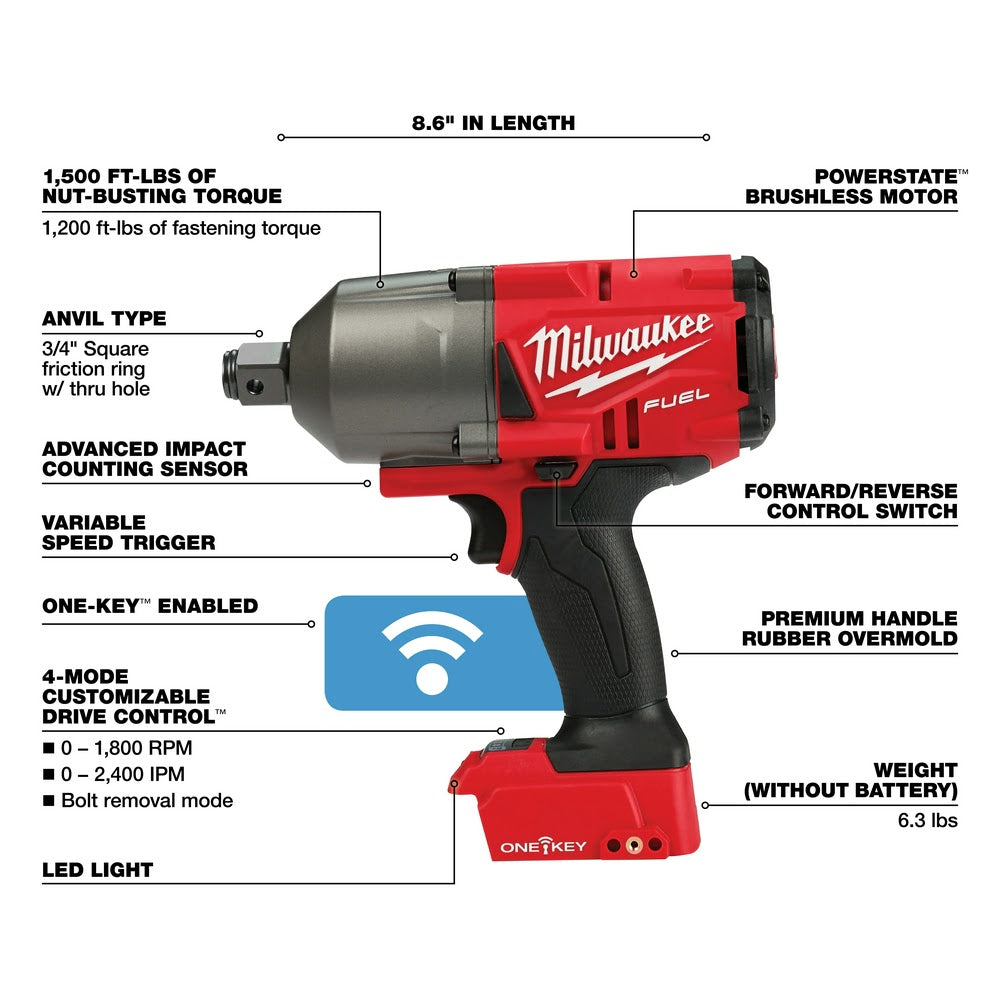 Milwaukee 2864-20 M18 FUEL ONE-KEY High Torque Impact Wrench 3/4" Friction Ring Bare - 4