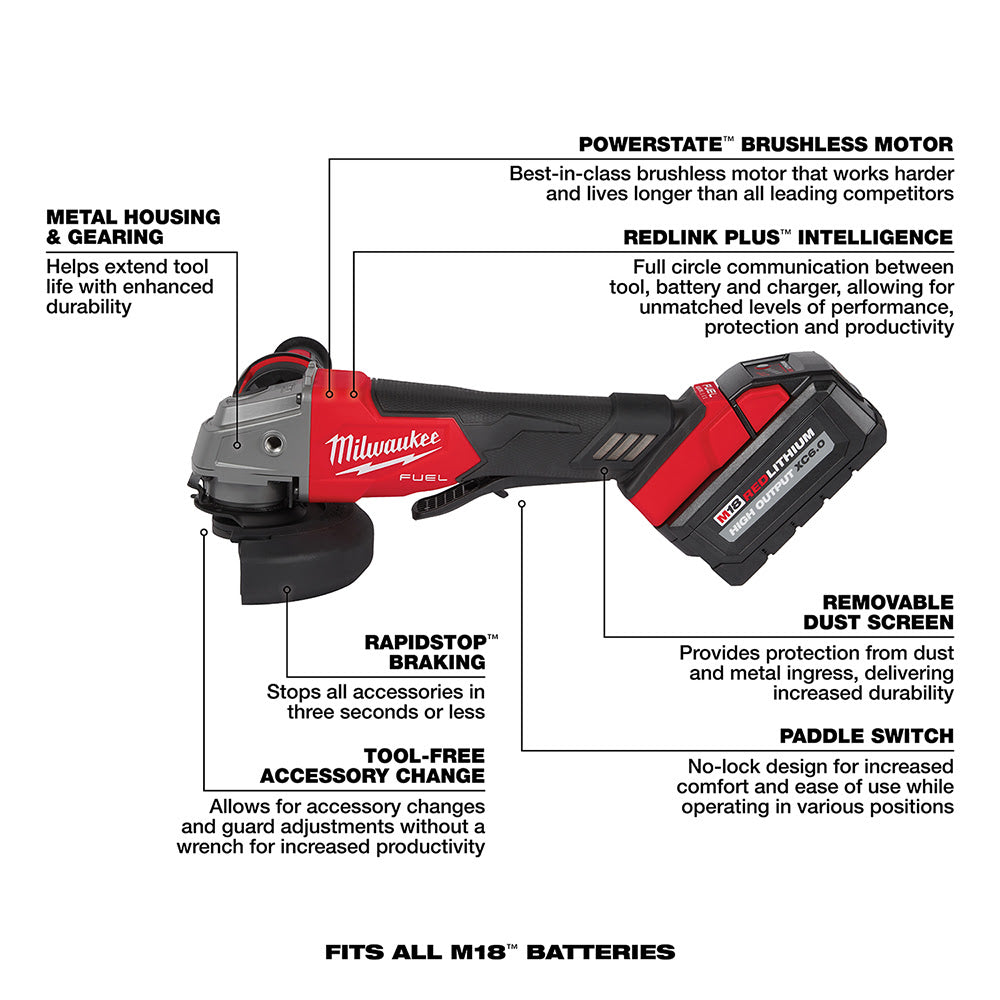 Milwaukee 2880-22 M18 FUEL™ 4-1/2" / 5" Grinder Paddle Switch, No-Lock Kit - 13