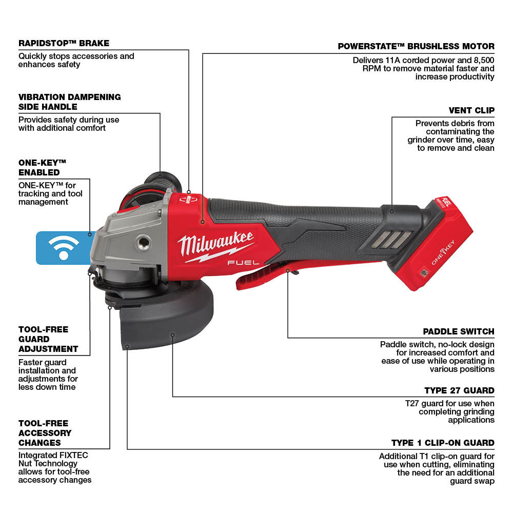 Milwaukee 2882-20 M18 FUEL™ 4-1/2" / 5" Braking Grinder w/ ONE-KEY™  Paddle Switch, No-Lock - 20