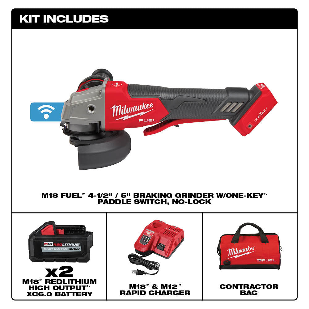 Milwaukee 2882-22 M18 FUEL™ 4-1/2" / 5" Braking Grinder w/ ONE-KEY™  Paddle Switch, No-Lock Kit - 17