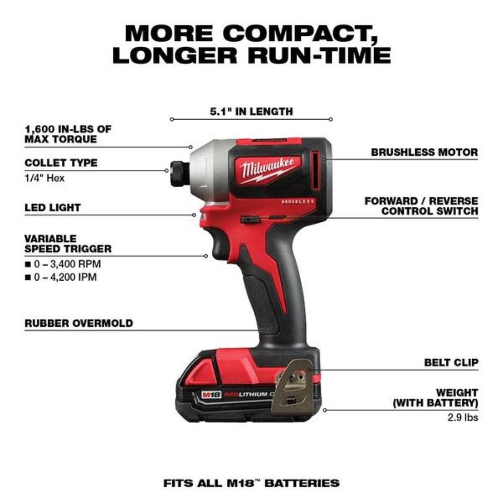 Milwaukee 2892-22CTM M18 18V Lithium-Ion Brushless Cordless Compact Drill/Impact Combo Kit (2-Tool) W/ (2) 2.0Ah Batteries, Charger & Bag - 2