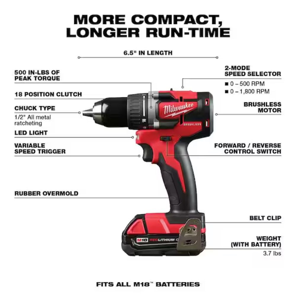 Milwaukee 2892-22CTM M18 18V Lithium-Ion Brushless Cordless Compact Drill/Impact Combo Kit (2-Tool) W/ (2) 2.0Ah Batteries, Charger & Bag - 3