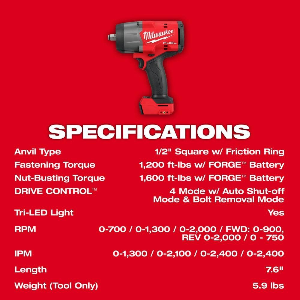 Milwaukee 2967-20 M18 FUEL 1/2" High Torque Impact Wrench w/ Friction Ring - 9