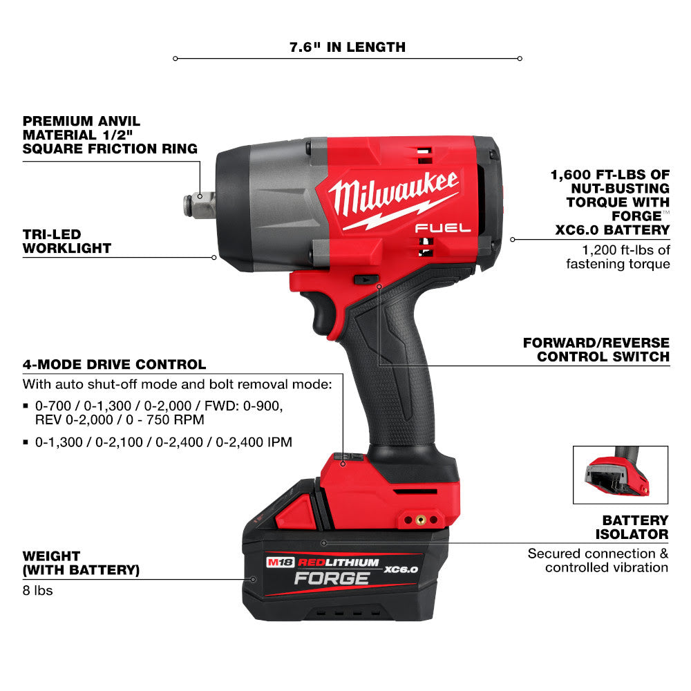 Milwaukee 2967-21F M18 FUEL 1/2" High Torque Impact Wrench w/ Friction Ring REDLITHIUM FORGE Kit - 4