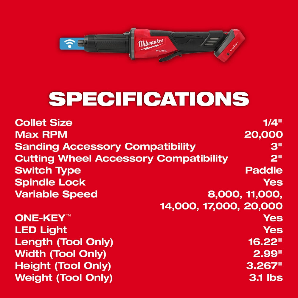 Milwaukee 2984-20 M18 FUEL Variable Speed, Braking Die Grinder, Paddle Switch w/ ONE-KEY - 9