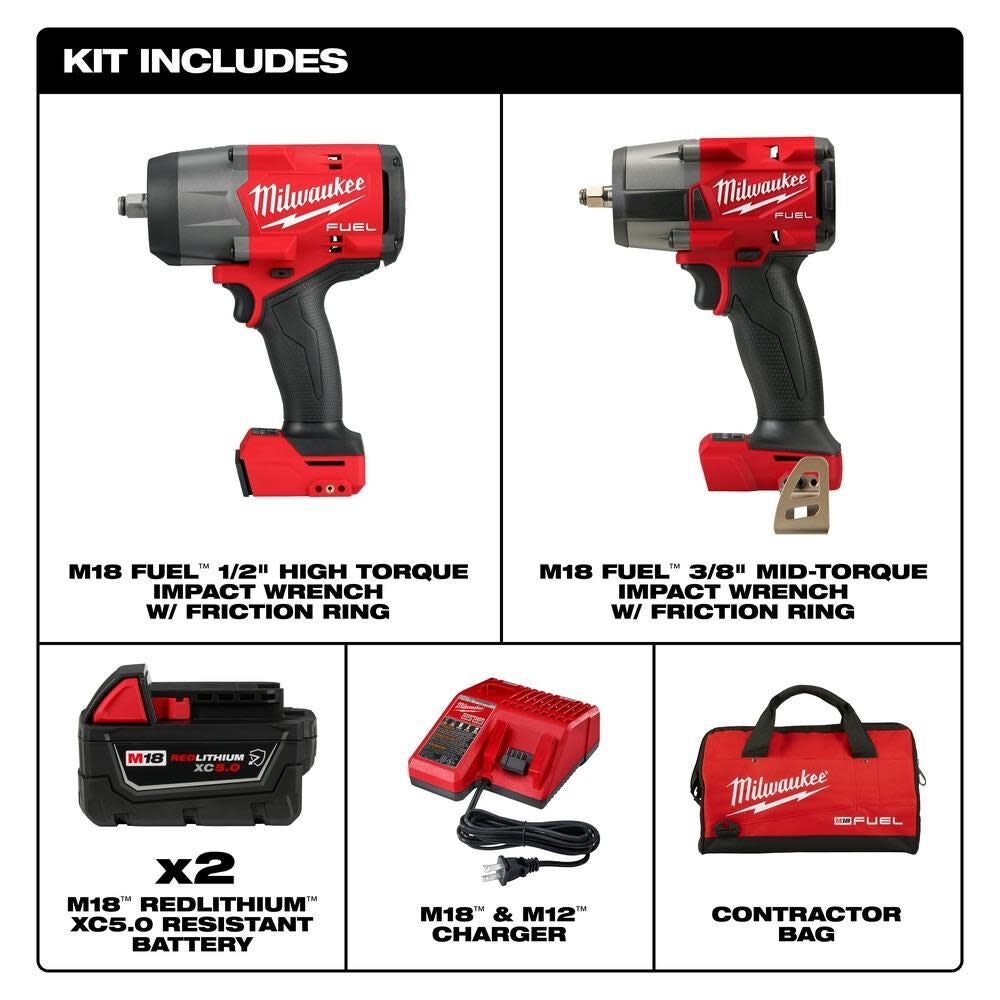 Milwaukee 3010-22 M18 FUEL 1/2" HTIW & 3/8" MTIW Automotive Combo Kit - 6