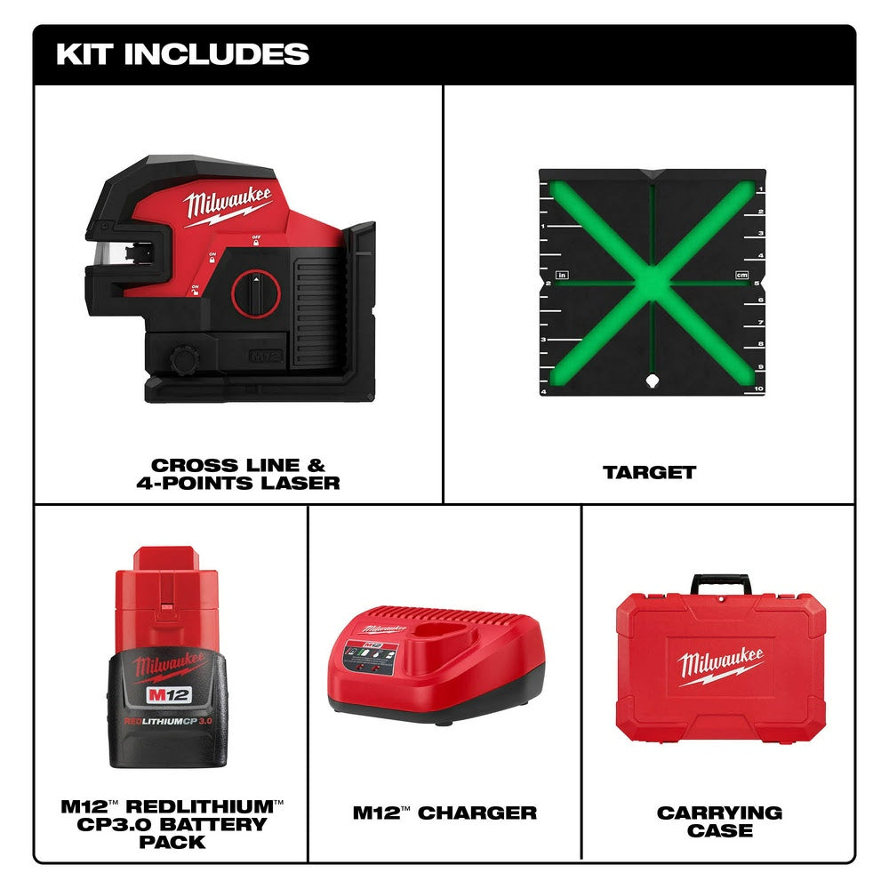 Milwaukee 3624-21 M12 Green Cross Line & 4-Points Laser Kit - 3