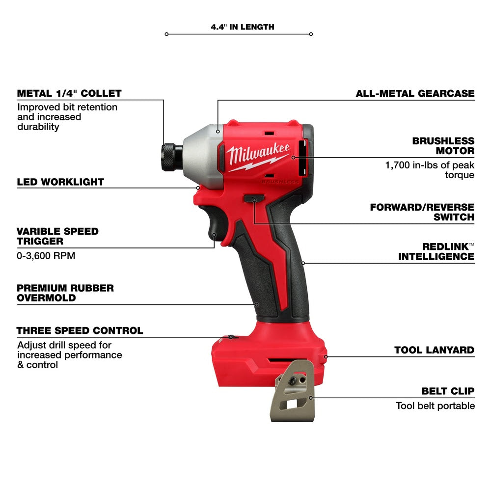 Milwaukee 3651-20 M18 Compact Brushless 1/4" Hex 3-Speed Impact Driver - 4