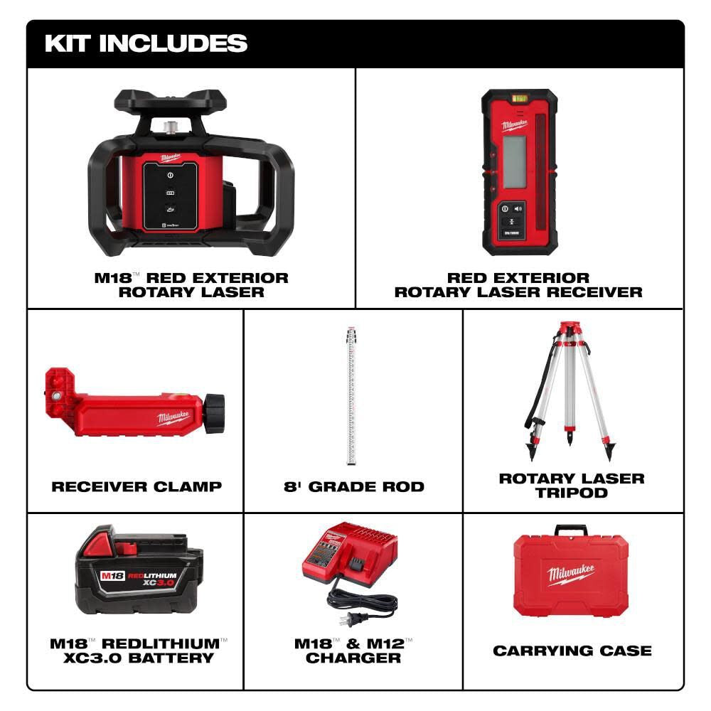 Milwaukee 3701-21T M18 Red Exterior Rotary Laser Level Kit w/ Receiver, Tripod, & Grade Rod - 4