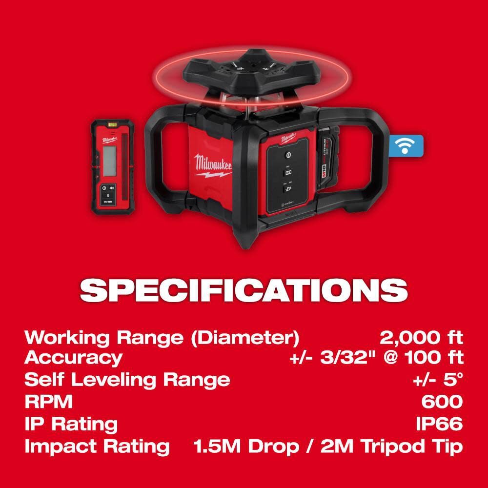 Milwaukee 3701-21T M18 Red Exterior Rotary Laser Level Kit w/ Receiver, Tripod, & Grade Rod - 6