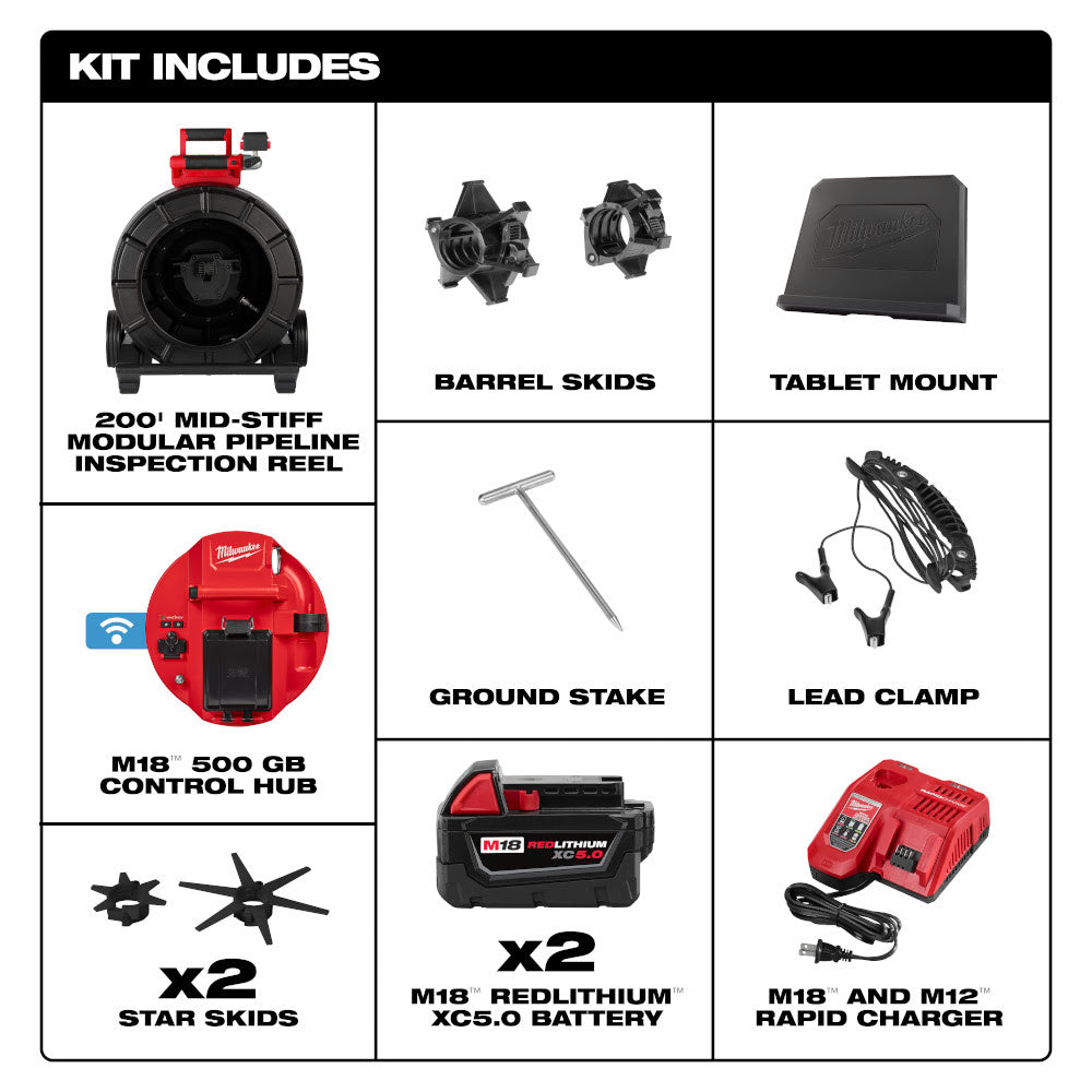 Milwaukee 3975-22 M18 200' Mid-Stiff Modular Pipeline Inspection System - 3