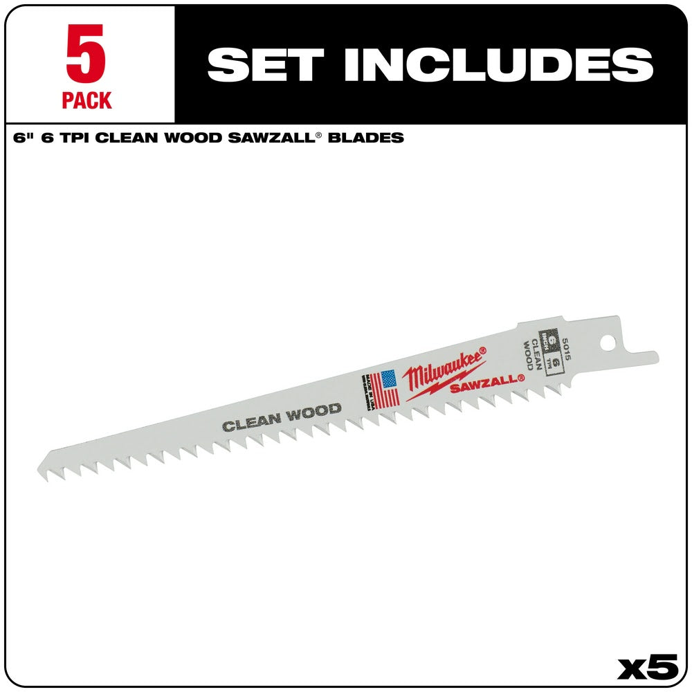 Milwaukee 48-00-5015 6" x 6TPI Super Sawzall Blade 5-Pack - 2