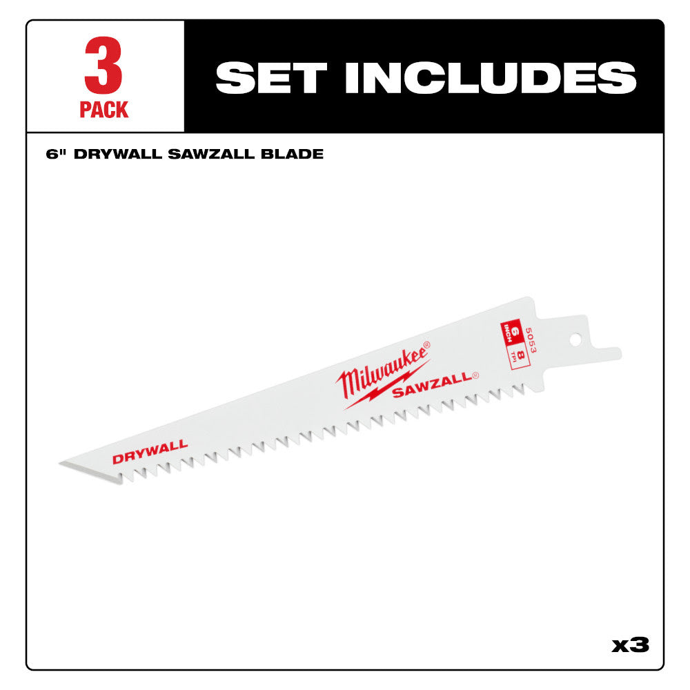 Milwaukee 48-00-5053 6” 8TPI Drywall SAWZALL Blades (3 pk) - 2