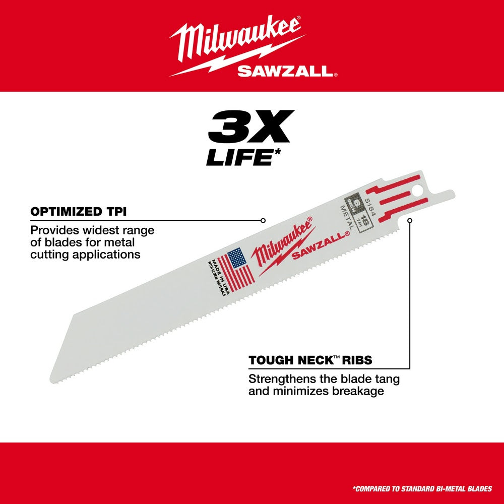 Milwaukee 48-00-5090 4" x 10TPI Bi-Metal Super Sawzall Blade 5-Pack - 6