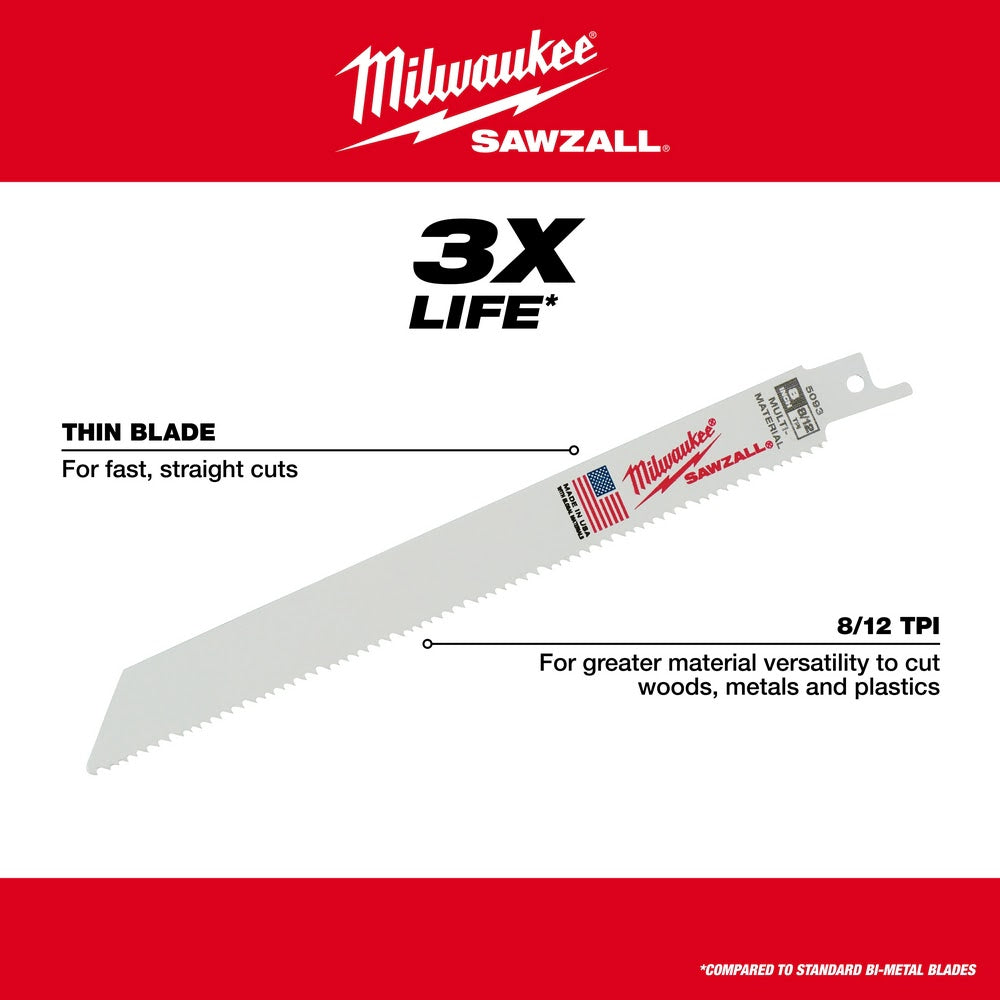 Milwaukee 48-00-5091 6" x 8/12TPI Bi-Metal Super Sawzall Blade 5-Pack - 11